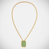 Marie Lichtenberg Staging Scapulaires Check Emerald Scapular on Rosa Classic Chain