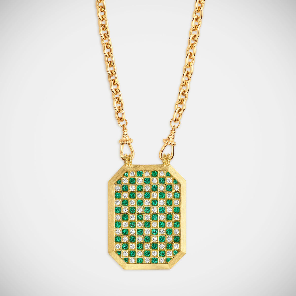 Marie Lichtenberg Staging Scapulaires Check Emerald Scapular on Rosa Classic Chain