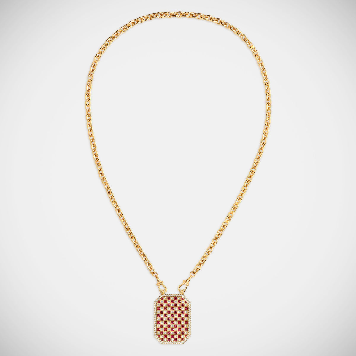 Marie Lichtenberg Staging Scapulaires Check Ruby Scapular on Rosa Classic Chain