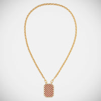 Marie Lichtenberg Staging Scapulaires Check Ruby Scapular on Rosa Classic Chain