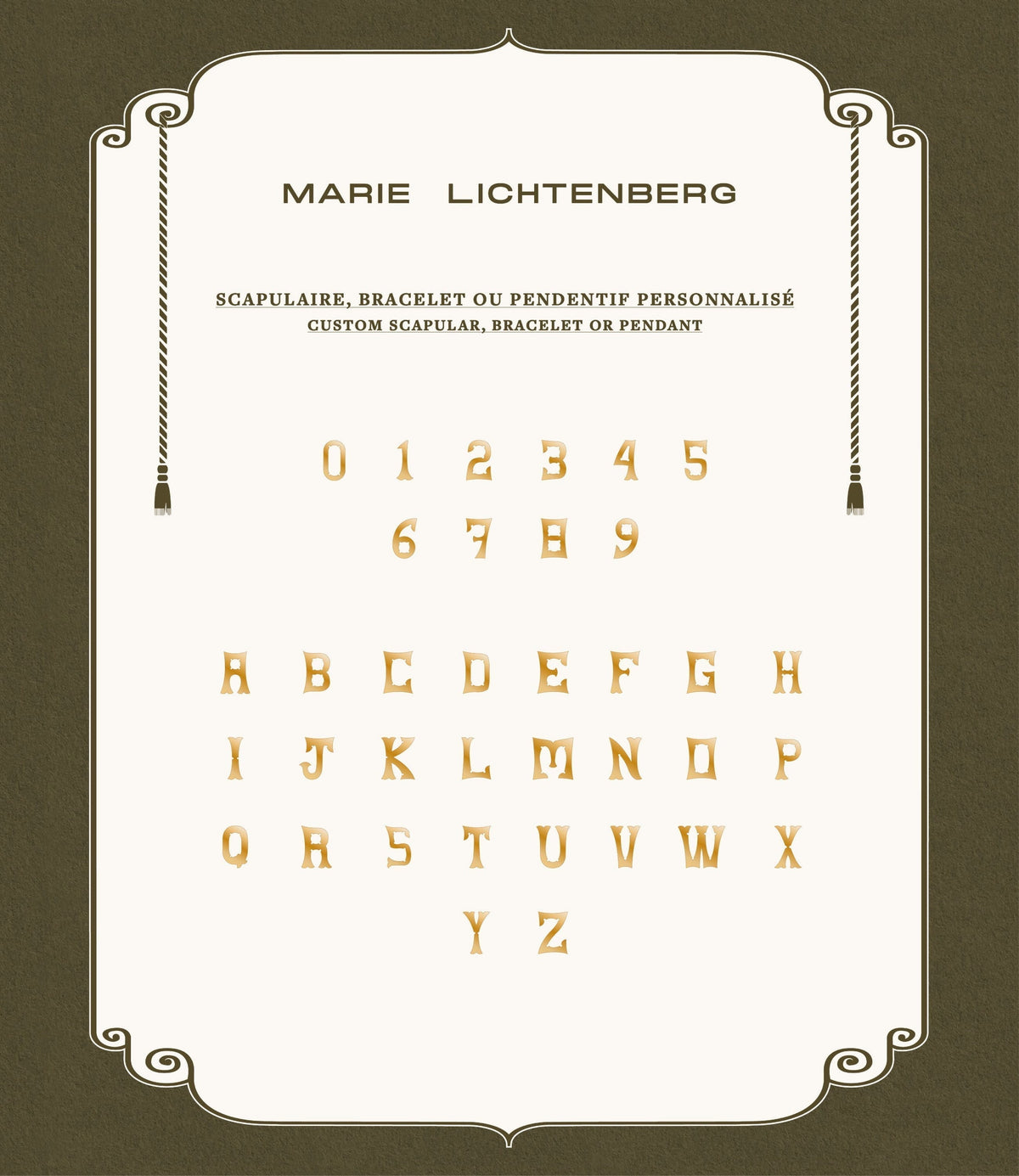 Marie Lichtenberg Staging Scapulaires Ebony Custom Letter Scapular